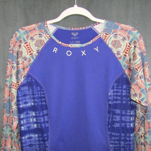 Roxy Rash Guard Blue Long Sleeve Swim Top Womens Size L Tie Dye Surf Beach Heart - Picture 2 of 7